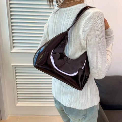 Fashionable Shoulder Bag for Women – Designer Solid Color Patent Leather Crescent Tote - Himpall