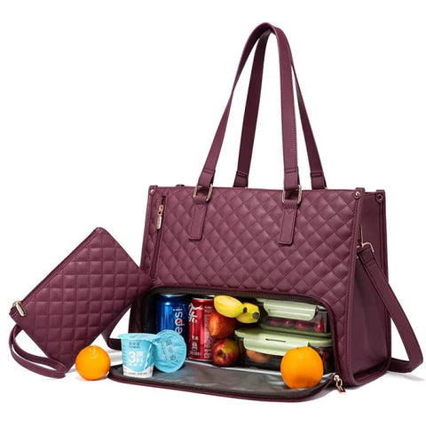 Fashionable Women’s Lunch Tote Bag – Quilted Thermal Leak-Proof Handbag with Purse & Laptop Storage - Wine Red