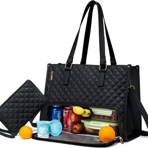 Fashionable Women’s Lunch Tote Bag – Quilted Thermal Leak-Proof Handbag with Purse & Laptop Storage - Black / 36X16X30cm