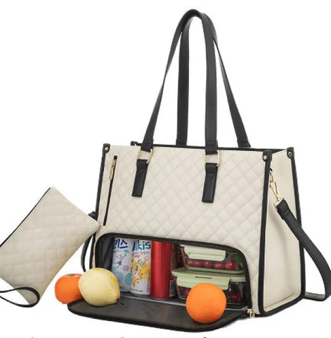 Fashionable Women’s Lunch Tote Bag – Quilted Thermal Leak-Proof Handbag with Purse & Laptop Storage - Khaki 2