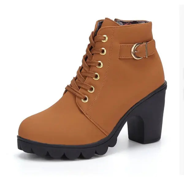 Fashoin Leopard Print Ankle Square Heel Suede Lace-up Zip Boots Women Casual Versatile Shoes Autumn And Winter - Yellow