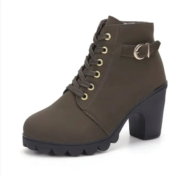 Fashoin Leopard Print Ankle Square Heel Suede Lace-up Zip Boots Women Casual Versatile Shoes Autumn And Winter - Army