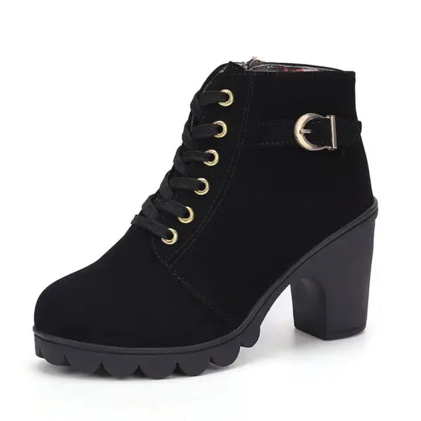 Fashoin Leopard Print Ankle Square Heel Suede Lace-up Zip Boots Women Casual Versatile Shoes Autumn And Winter - Black