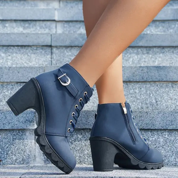 Fashoin Leopard Print Ankle Square Heel Suede Lace-up Zip Boots Women Casual Versatile Shoes Autumn And Winter - Hair