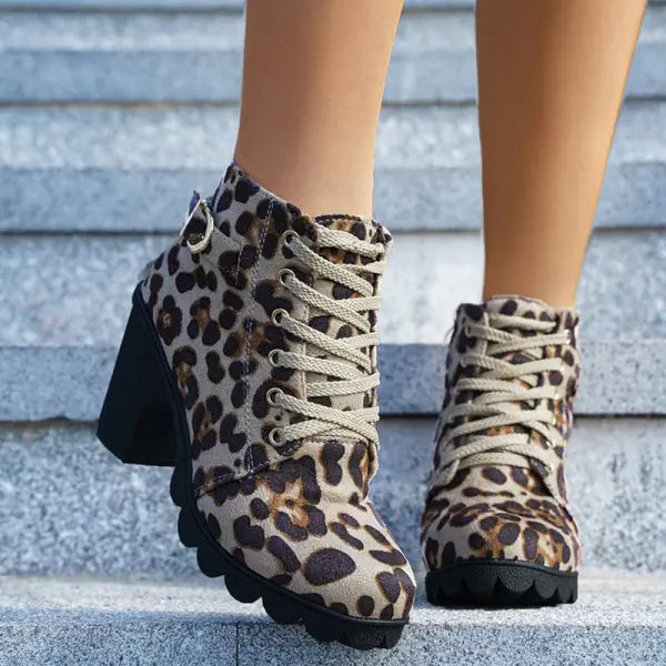 Fashoin Leopard Print Ankle Square Heel Suede Lace-up Zip Boots Women Casual Versatile Shoes Autumn And Winter - Hair
