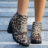 Fashoin Leopard Print Ankle Square Heel Suede Lace-up Zip Boots Women Casual Versatile Shoes Autumn And Winter - Hair