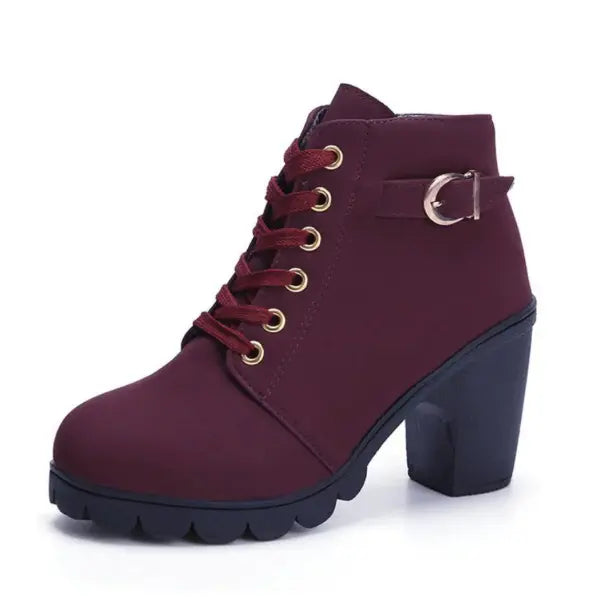 Fashoin Leopard Print Ankle Square Heel Suede Lace-up Zip Boots Women Casual Versatile Shoes Autumn And Winter - Wine
