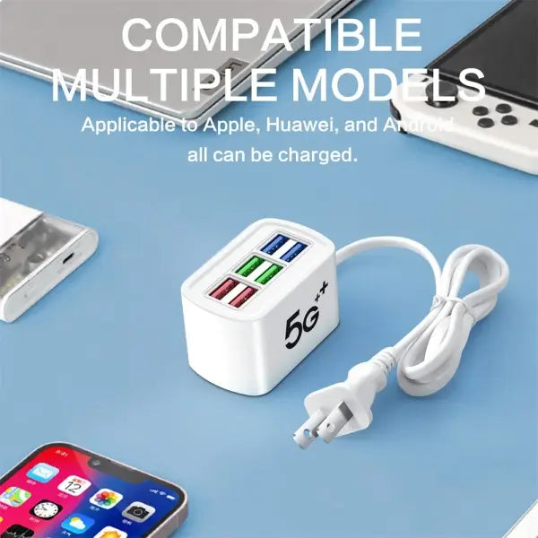 Fast USB Charger 6 in 1 Power Strip Desktop Charging Station Fast Charging 1m Cord USB HUB Adapter Socket for iPhone 16