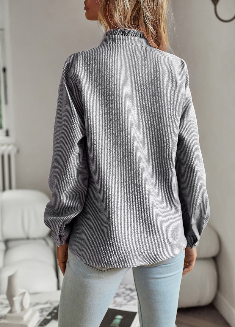 Striped Long Sleeve Shirt Fashion Ruffle Design Button Up Tops Casual Office Blouse Elegant Commuting Women’s Clothing