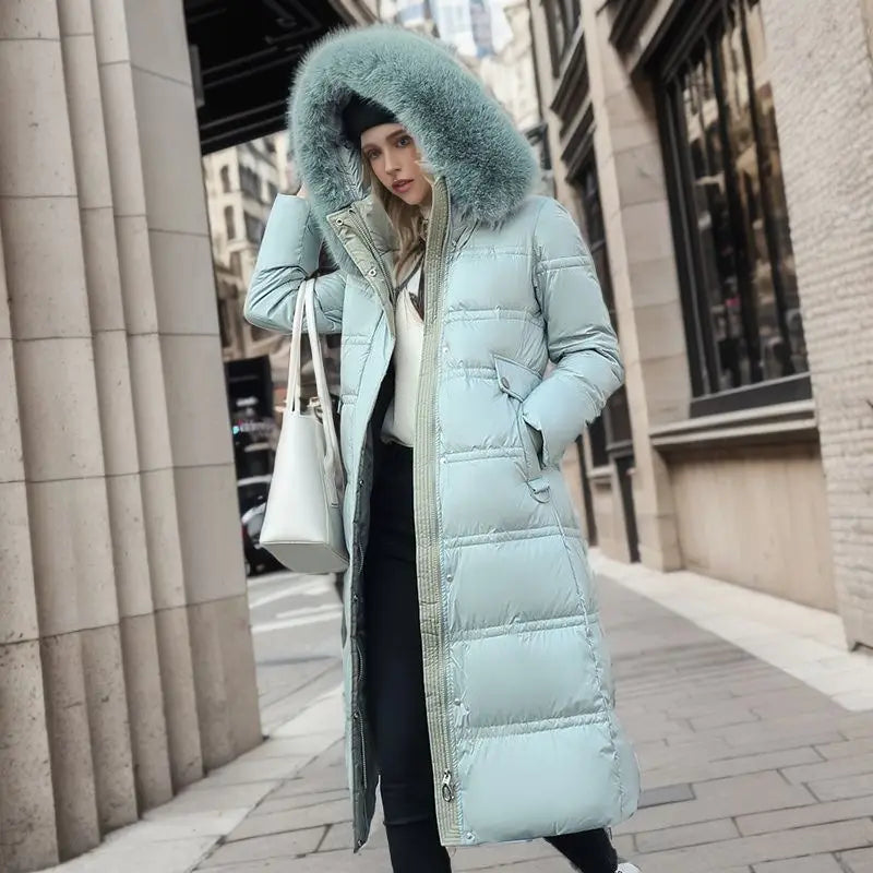 Women’s Winter Slim Long Jacket with Fur Hood and Stylish Belt