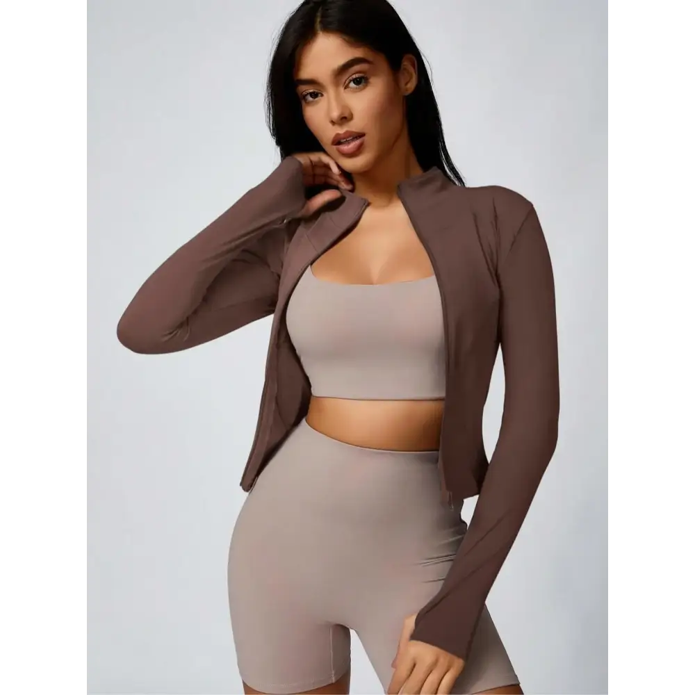 Fitfemme Women’s Slim Fit Full - Zip Long - Sleeve Quick - Dry Breathable Athletic Workout Jacket - brown / S