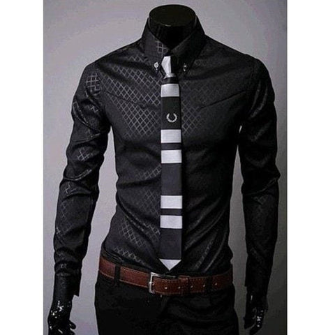 Fitted Shirts For Men Designer Plaid Stripes Pattern - Black / L