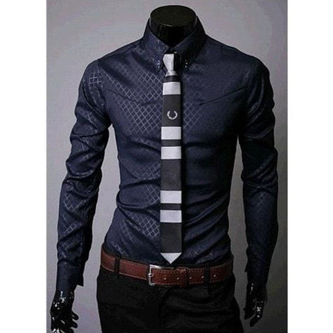 Fitted Shirts For Men Designer Plaid Stripes Pattern - Navy / L