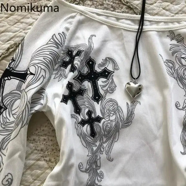 Vintage Y2K Slash Neck White T-Shirt for Women – Flare Sleeve Sexy Printed Top Fashion