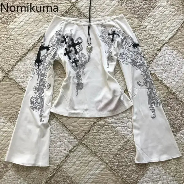 Vintage Y2K Slash Neck White T-Shirt for Women – Flare Sleeve Sexy Printed Top Fashion