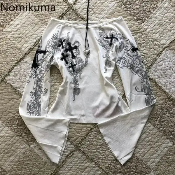 Vintage Y2K Slash Neck White T-Shirt for Women – Flare Sleeve Sexy Printed Top Fashion