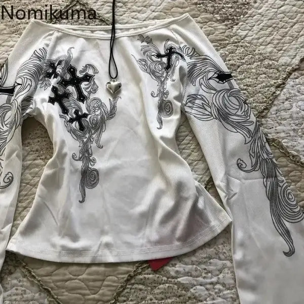 Vintage Y2K Slash Neck White T-Shirt for Women – Flare Sleeve Sexy Printed Top Fashion