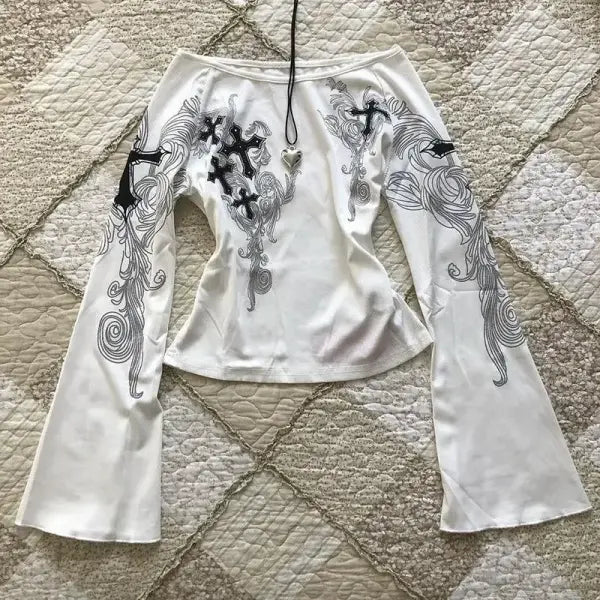 Vintage Y2K Slash Neck White T-Shirt for Women – Flare Sleeve Sexy Printed Top Fashion - white / S