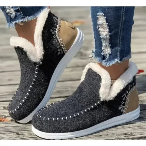 Fleece-lined Thick Plush Boots Warm Sewing Flat Cotton Shoes Winter Ankle Boot - Dark Gray / 36