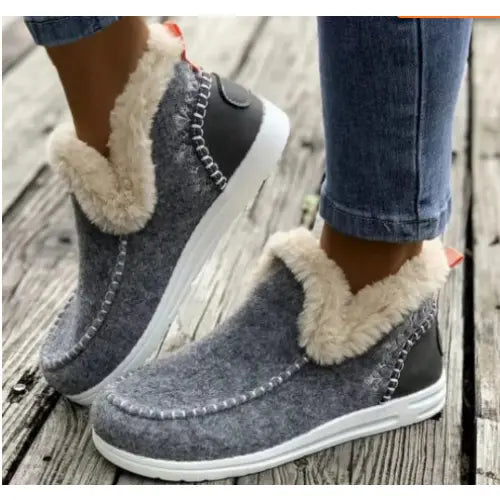 Fleece-lined Thick Plush Boots Warm Sewing Flat Cotton Shoes Winter Ankle Boot - Light Gray / 36