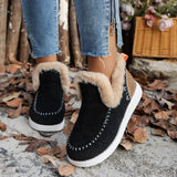 Fleece-lined Thick Plush Boots Warm Sewing Flat Cotton Shoes Winter Ankle Boot - Black / 36