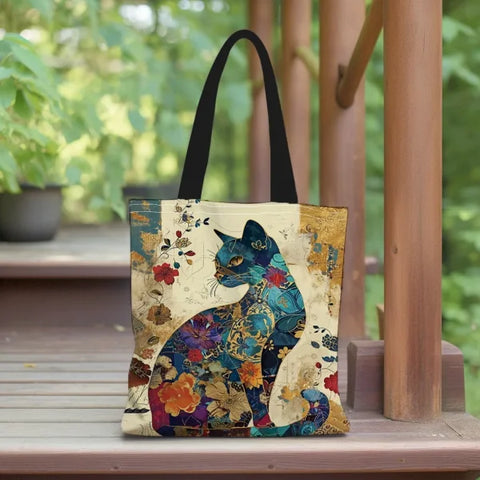 Floral Cat Pattern Tote Bag – Aesthetic Canvas School & Shopping Bag - Himpall