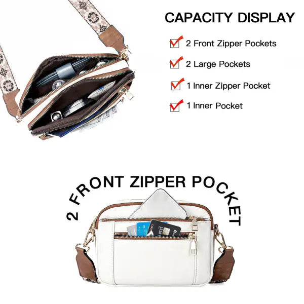 Floral Embroidered Triple Zipper Crossbody Bag Colorblock Fashion Style - None