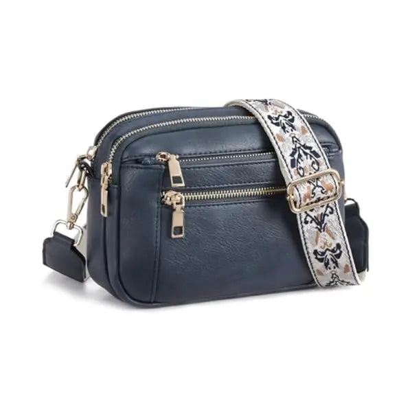 Floral Embroidered Triple Zipper Crossbody Bag Colorblock Fashion Style - Blue - None