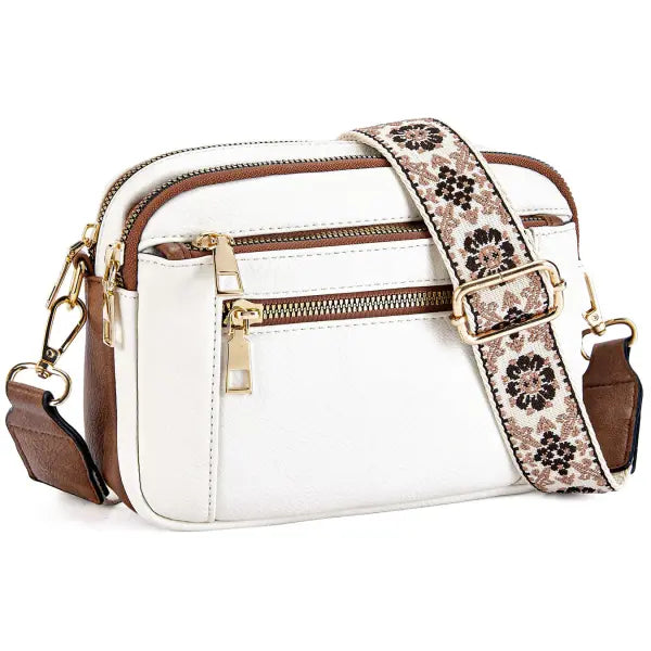 Floral Embroidered Triple Zipper Crossbody Bag Colorblock Fashion Style - White With Brown - None