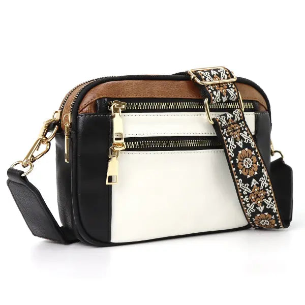 Floral Embroidered Triple Zipper Crossbody Bag Colorblock Fashion Style - White Black Brown - None