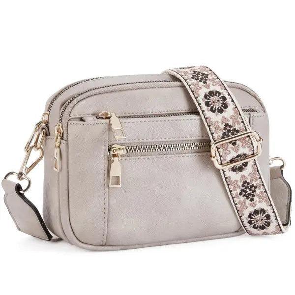 Floral Embroidered Triple Zipper Crossbody Bag Colorblock Fashion Style - Gray - None