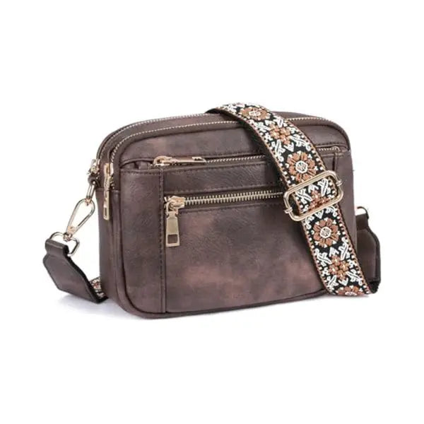 Floral Embroidered Triple Zipper Crossbody Bag Colorblock Fashion Style - Brown - None