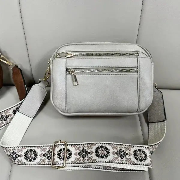 Floral Embroidered Triple Zipper Crossbody Bag Colorblock Fashion Style - None