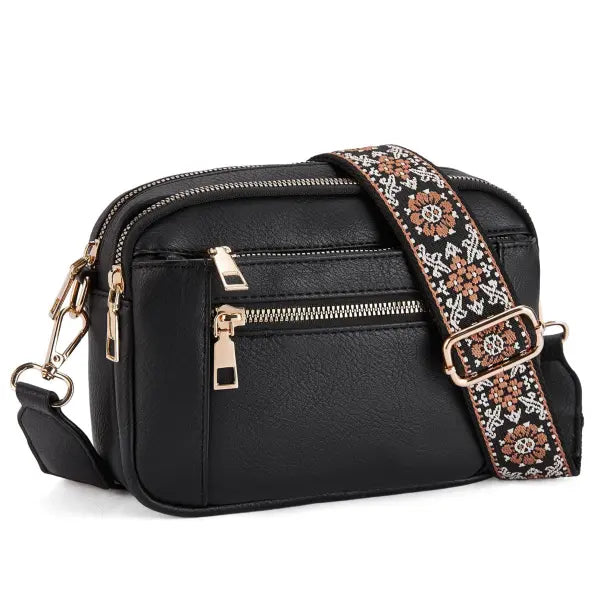 Floral Embroidered Triple Zipper Crossbody Bag Colorblock Fashion Style - Black - None