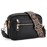 Floral Embroidered Triple Zipper Crossbody Bag Colorblock Fashion Style - Black - None