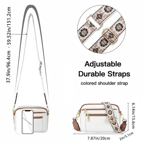 Floral Embroidered Triple Zipper Crossbody Bag Colorblock Fashion Style - None