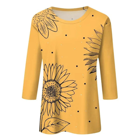 Loose Casual Shirt - Floral Print Top with Round Neck and 3/4 Sleeves