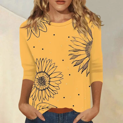 Loose Casual Shirt - Floral Print Top with Round Neck and 3/4 Sleeves - Orange / XL