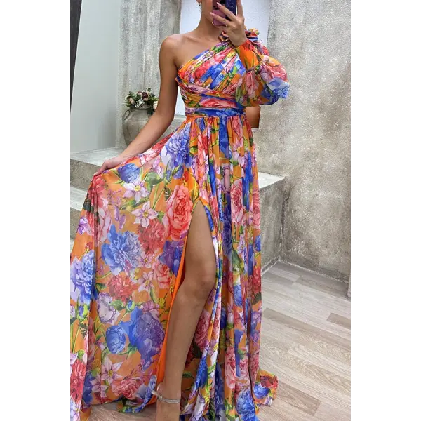Floral Print Split Maxi Dress Fashion Sexy One-shoulder Long-sleeved Dresses Summer Beach Clothing - Orange / L