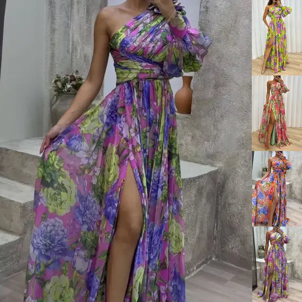 Floral Print Split Maxi Dress Fashion Sexy One-shoulder Long-sleeved Dresses Summer Beach Clothing
