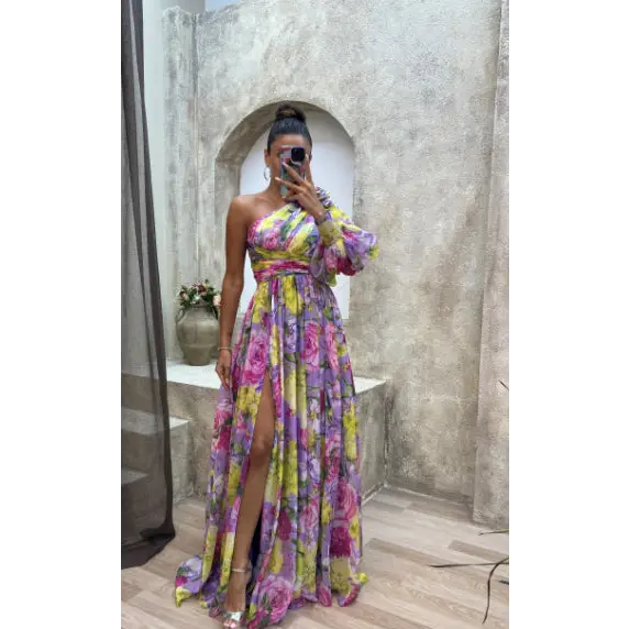 Floral Print Split Maxi Dress Fashion Sexy One-shoulder Long-sleeved Dresses Summer Beach Clothing - Gold / L