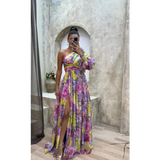 Floral Print Split Maxi Dress Fashion Sexy One-shoulder Long-sleeved Dresses Summer Beach Clothing - Gold / L