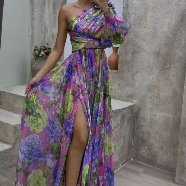 Floral Print Split Maxi Dress Fashion Sexy One-shoulder Long-sleeved Dresses Summer Beach Clothing