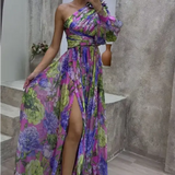 Floral Print Split Maxi Dress Fashion Sexy One-shoulder Long-sleeved Dresses Summer Beach Clothing