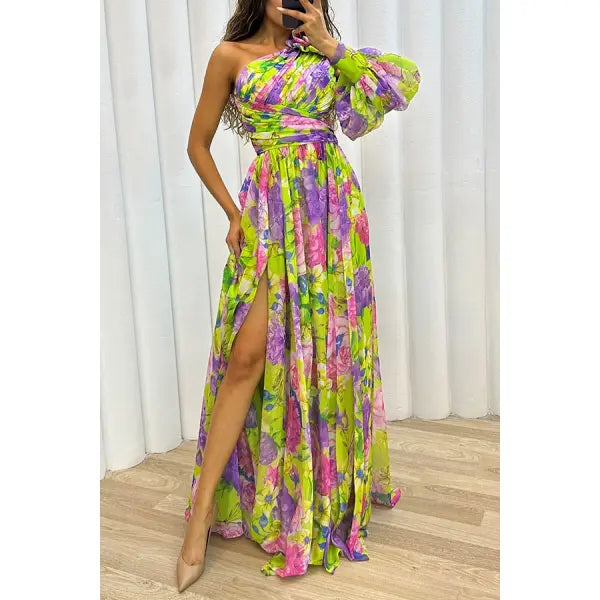 Floral Print Split Maxi Dress Fashion Sexy One-shoulder Long-sleeved Dresses Summer Beach Clothing - Yellow / L