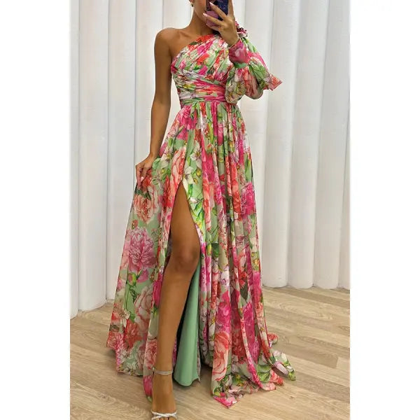 Floral Print Split Maxi Dress Fashion Sexy One-shoulder Long-sleeved Dresses Summer Beach Clothing - Green / L