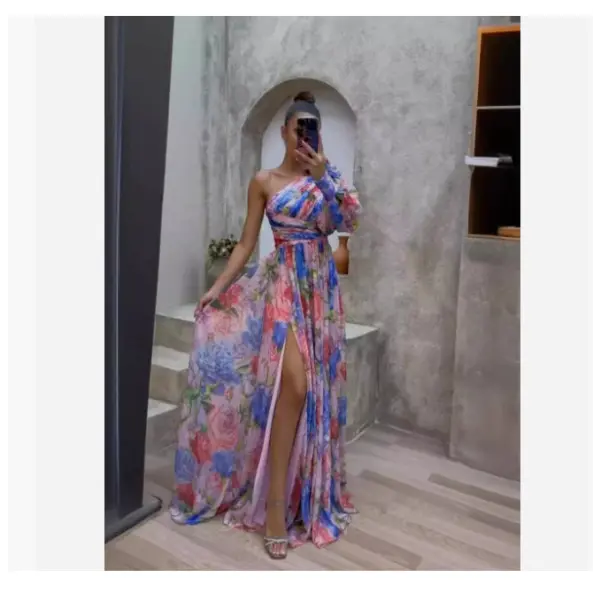 Floral Print Split Maxi Dress Fashion Sexy One-shoulder Long-sleeved Dresses Summer Beach Clothing - Purple / L