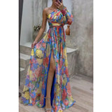 Floral Print Split Maxi Dress Fashion Sexy One-shoulder Long-sleeved Dresses Summer Beach Clothing - Blue / L