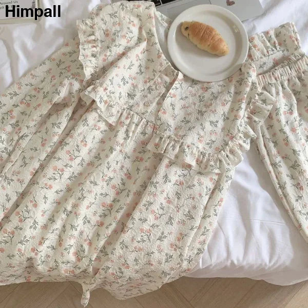 Floral Print Women Pajama Suit - Ruffled Long Sleeve Sleepwear