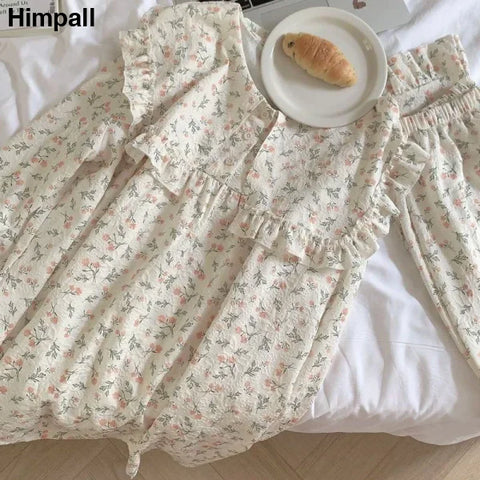 Floral Print Women Pajama Suit - Ruffled Long Sleeve Sleepwear